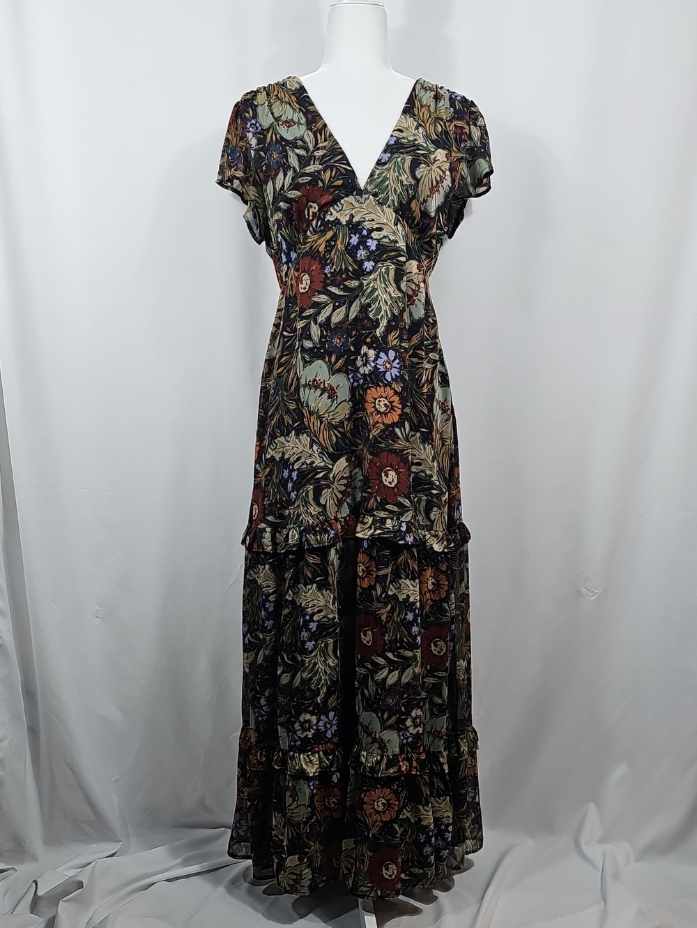 12th Tribe Floral Maxi Dress M Open Back Tiered Boho Garden Wedding Botanical - Picture 3 of 16